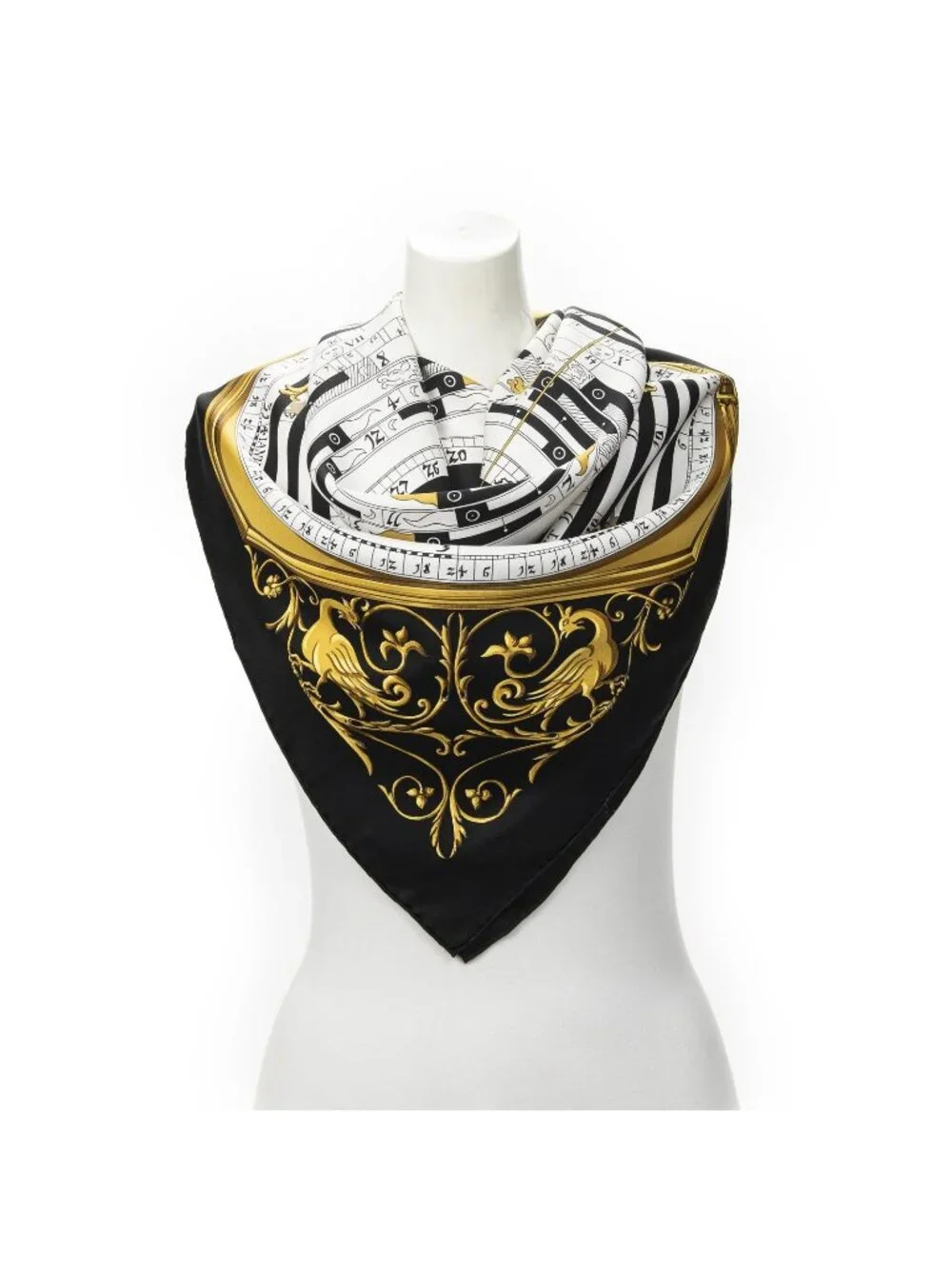 Hermes Scarf Black White Gold Silk
